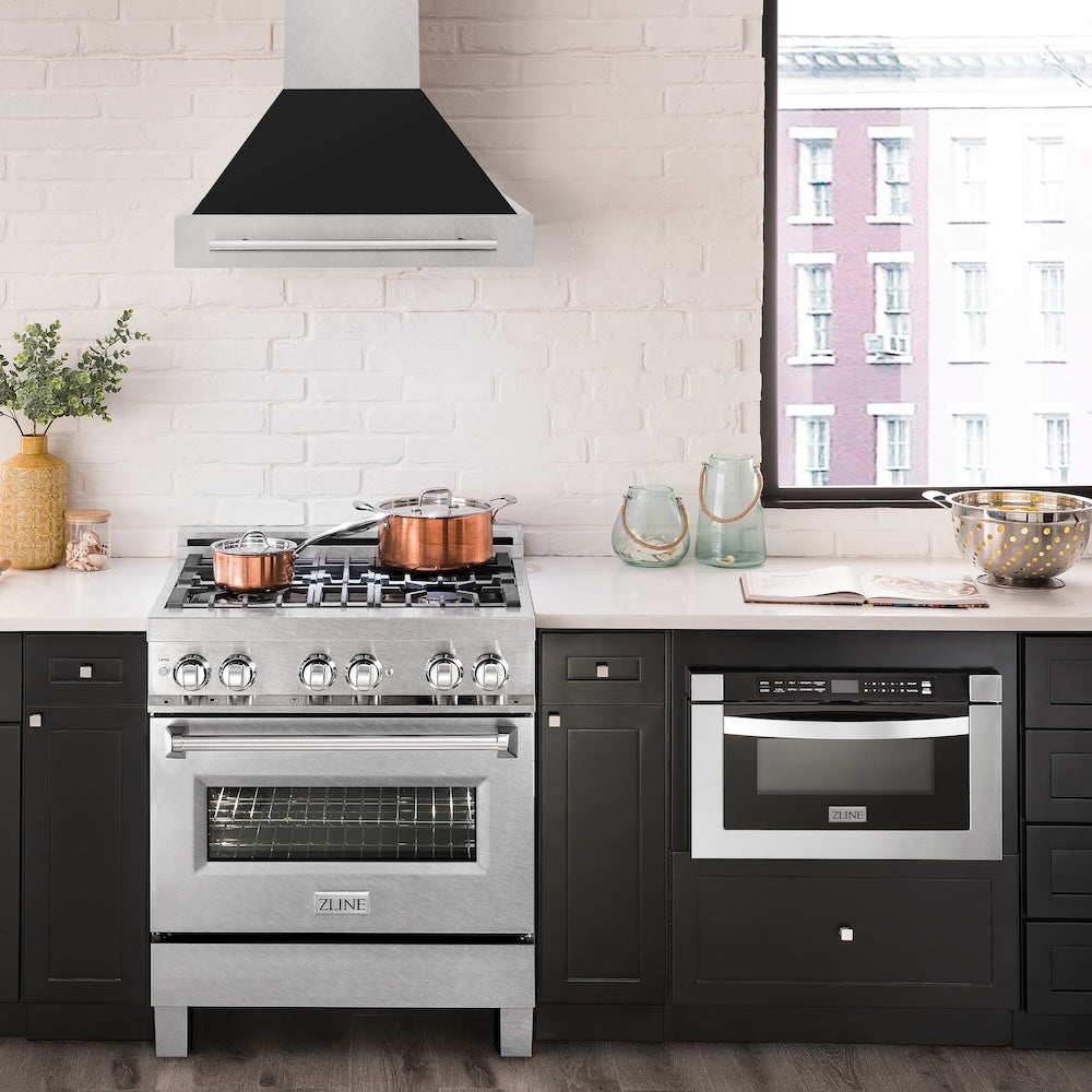 ZLINE 30 in. Satin Stainless Steel Wall Mount Range Hood with Colored Shell and Stainless Steel Handle (8654SNX-30)