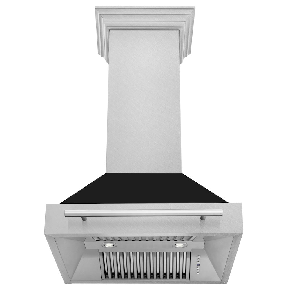 ZLINE 30 in. Satin Stainless Steel Wall Mount Range Hood with Colored Shell and Stainless Steel Handle (8654SNX-30) front, under.