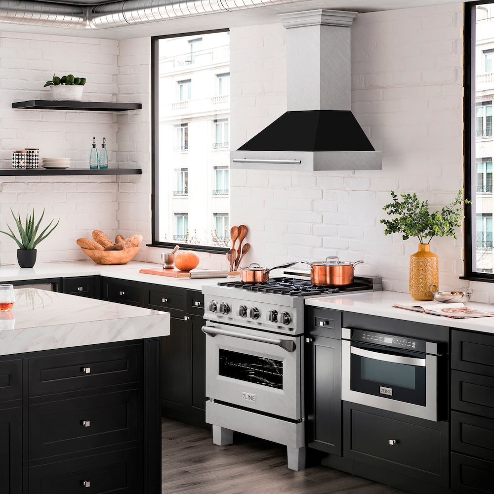 ZLINE 30 in. Satin Stainless Steel Wall Mount Range Hood with Colored Shell and Stainless Steel Handle (8654SNX-30)