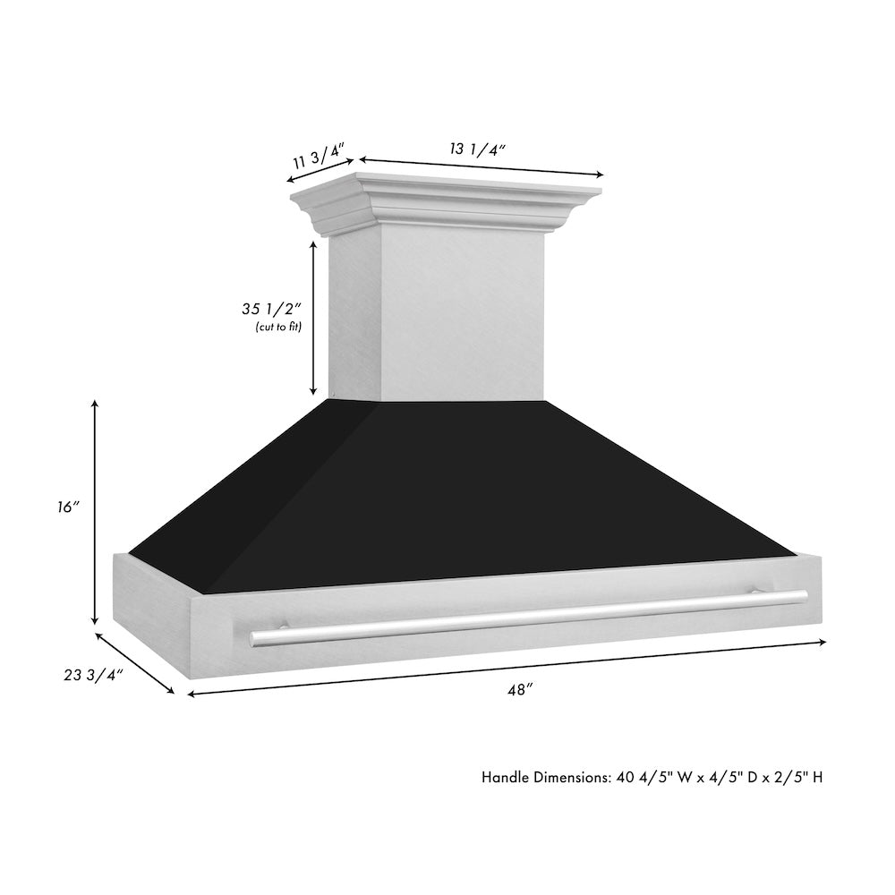 ZLINE 48 in. Satin Stainless Steel Wall Mount Range Hood with Colored Shell and Stainless Steel Handle (8654SNX-48) dimensional diagram.