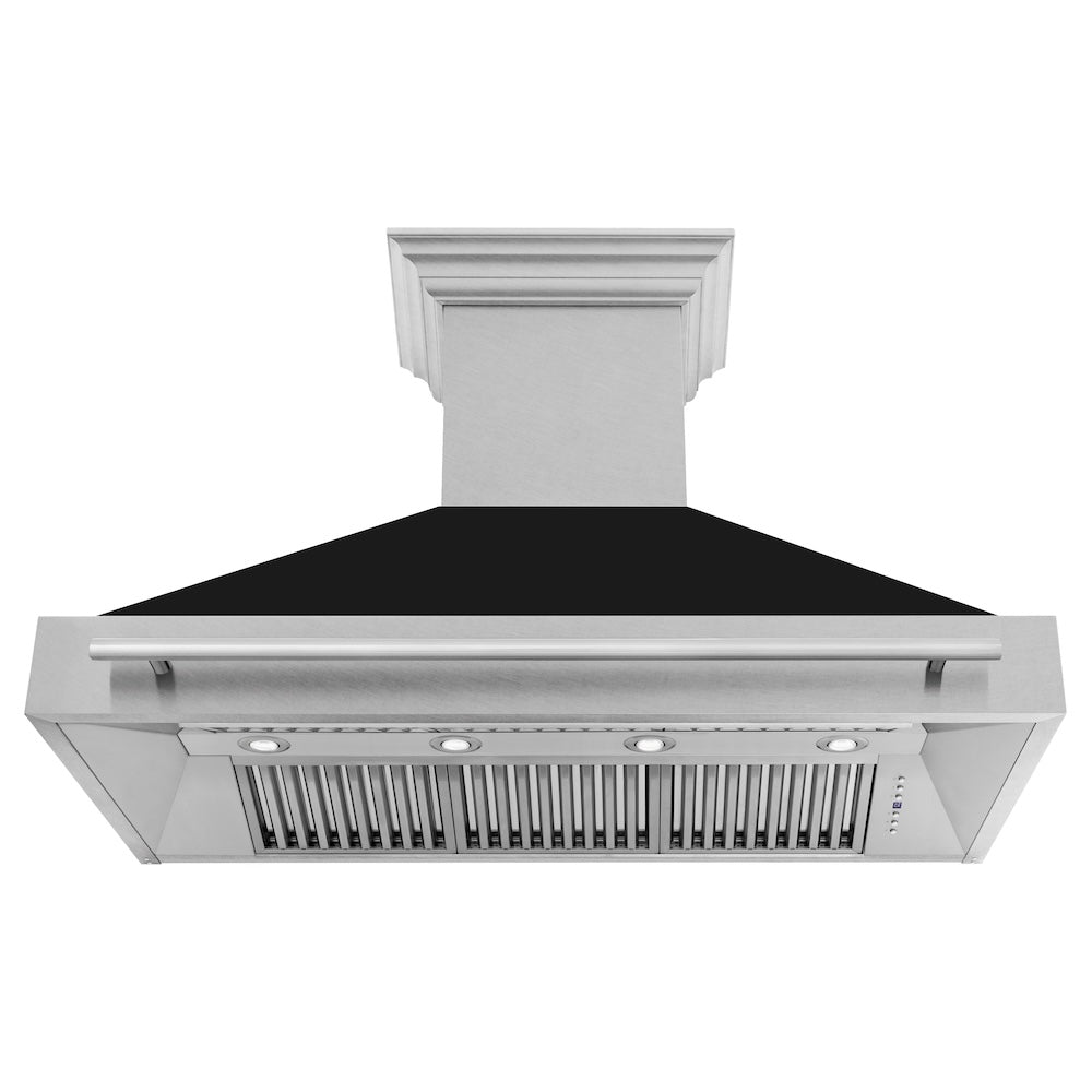 ZLINE 48 in. Satin Stainless Steel Wall Mount Range Hood with Colored Shell and Stainless Steel Handle (8654SNX-48) front, under.
