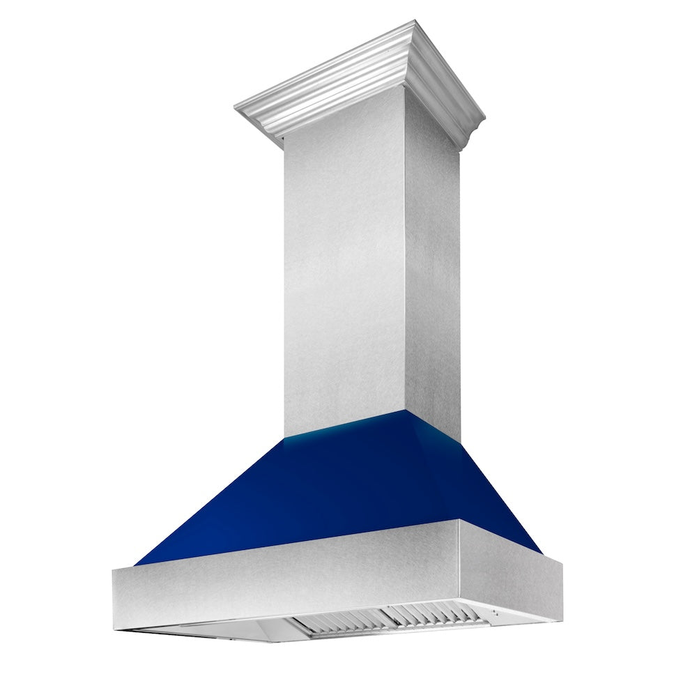 ZLINE Ducted Satin Stainless Range Hood with Blue Gloss Shell (8654BG)