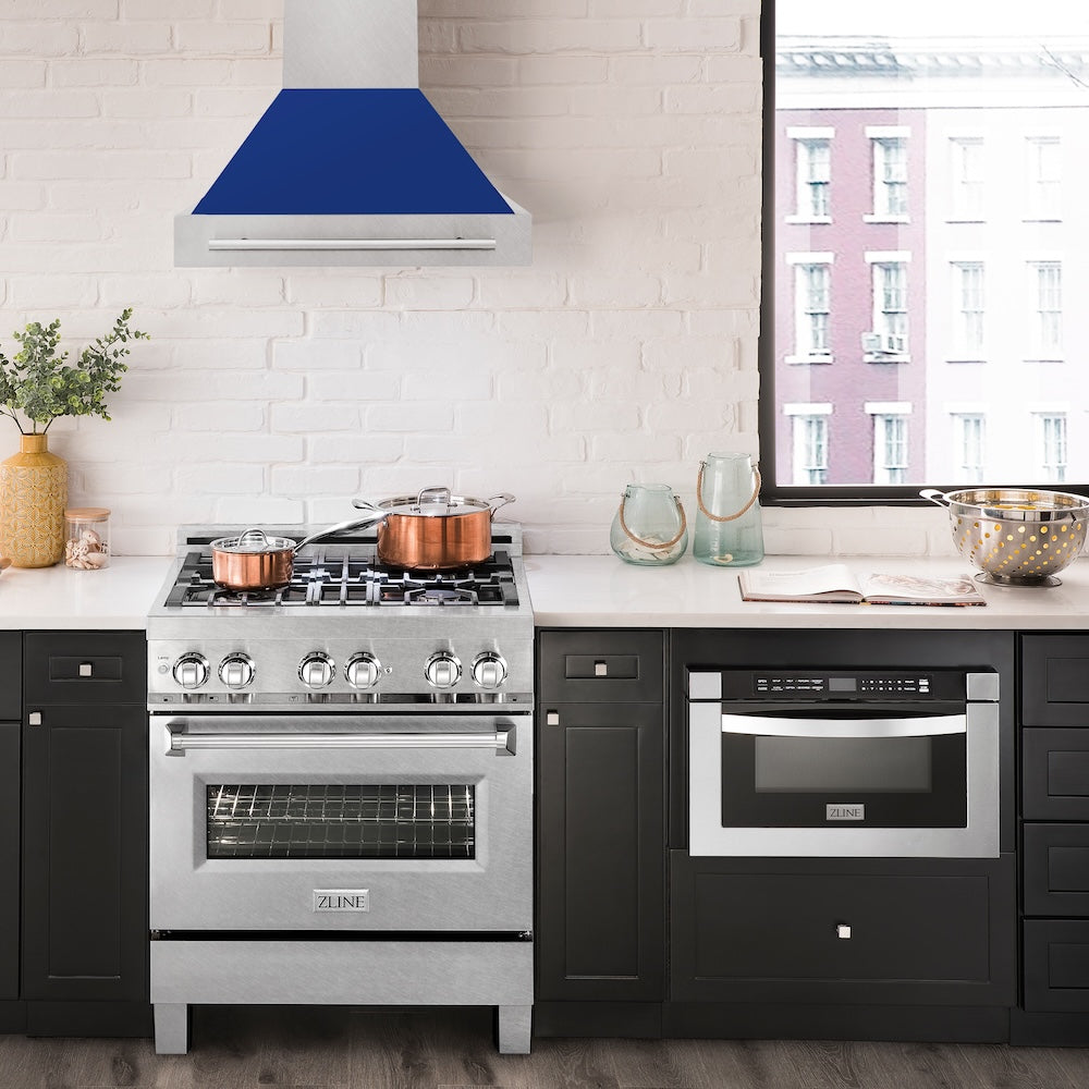ZLINE 30 in. Satin Stainless Steel Wall Mount Range Hood with Colored Shell and Stainless Steel Handle (8654SNX-30)