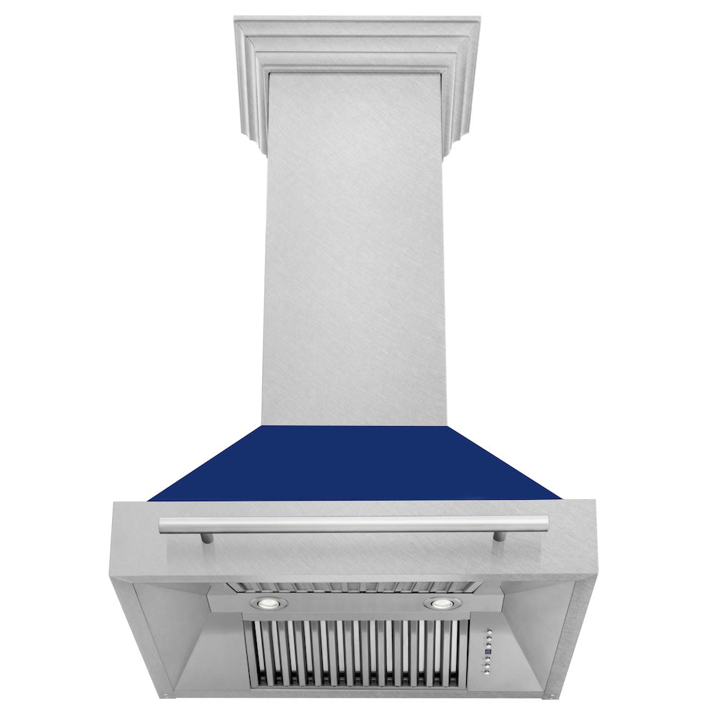 ZLINE 30 in. Satin Stainless Steel Wall Mount Range Hood with Colored Shell and Stainless Steel Handle (8654SNX-30) front, under.