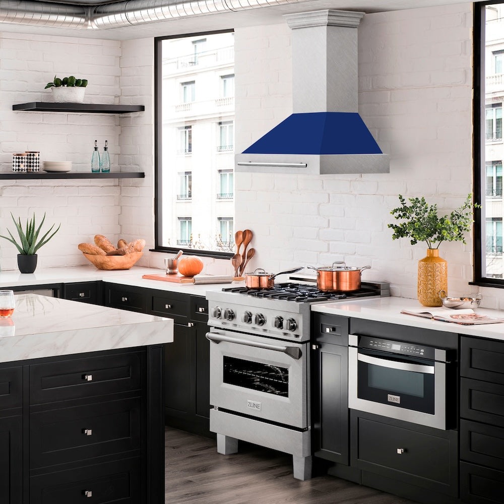 ZLINE 30 in. Satin Stainless Steel Wall Mount Range Hood with Colored Shell and Stainless Steel Handle (8654SNX-30)