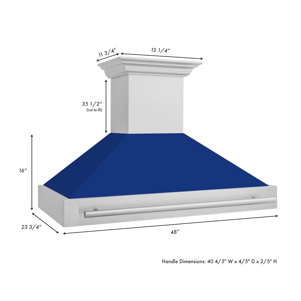ZLINE 48 in. Satin Stainless Steel Wall Mount Range Hood with Colored Shell and Stainless Steel Handle (8654SNX-48) dimensional diagram.