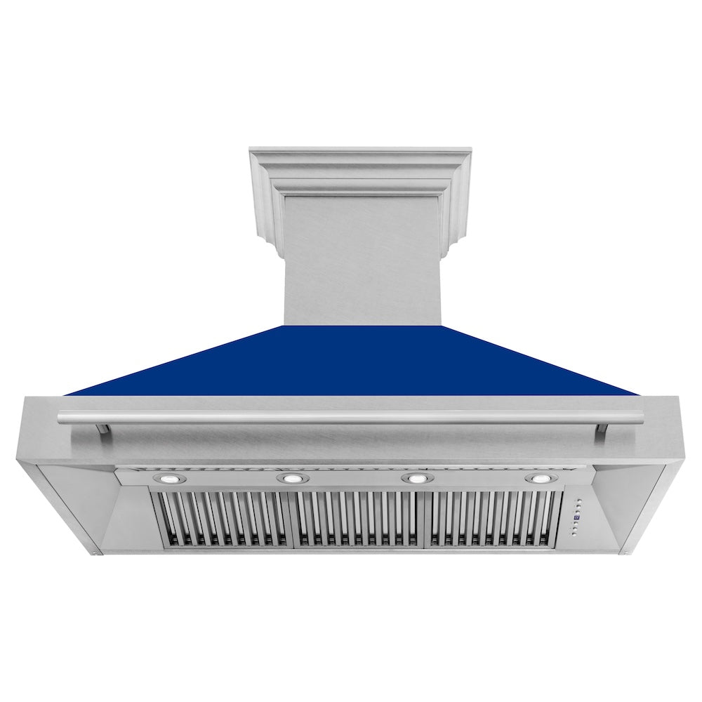 ZLINE 48 in. Satin Stainless Steel Wall Mount Range Hood with Colored Shell and Stainless Steel Handle (8654SNX-48) front, under.