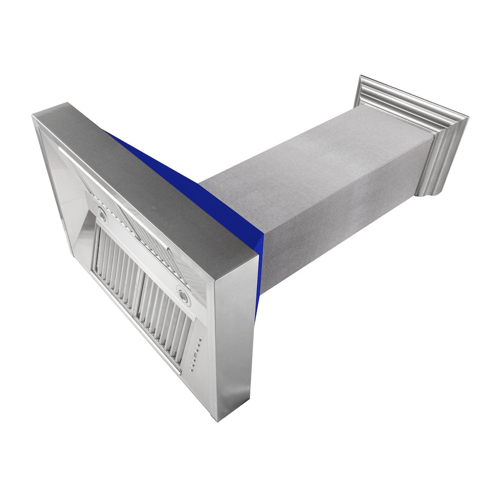 ZLINE Ducted Satin Stainless Steel Wall Mount Range Hood with Blue Matte Shell and Size Options (8654BM)