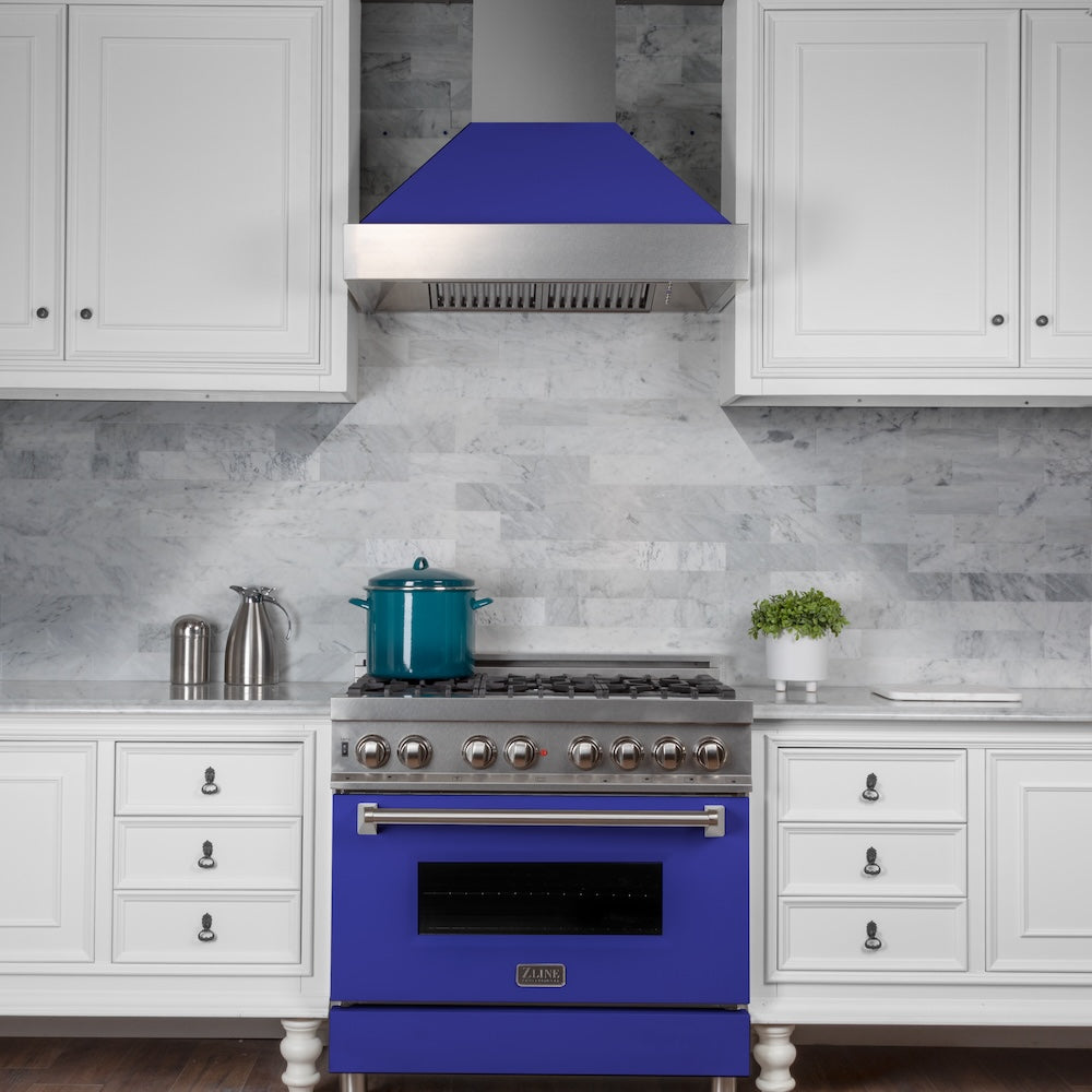 ZLINE Ducted Satin Stainless Steel Wall Mount Range Hood with Blue Matte Shell and Size Options (8654BM)