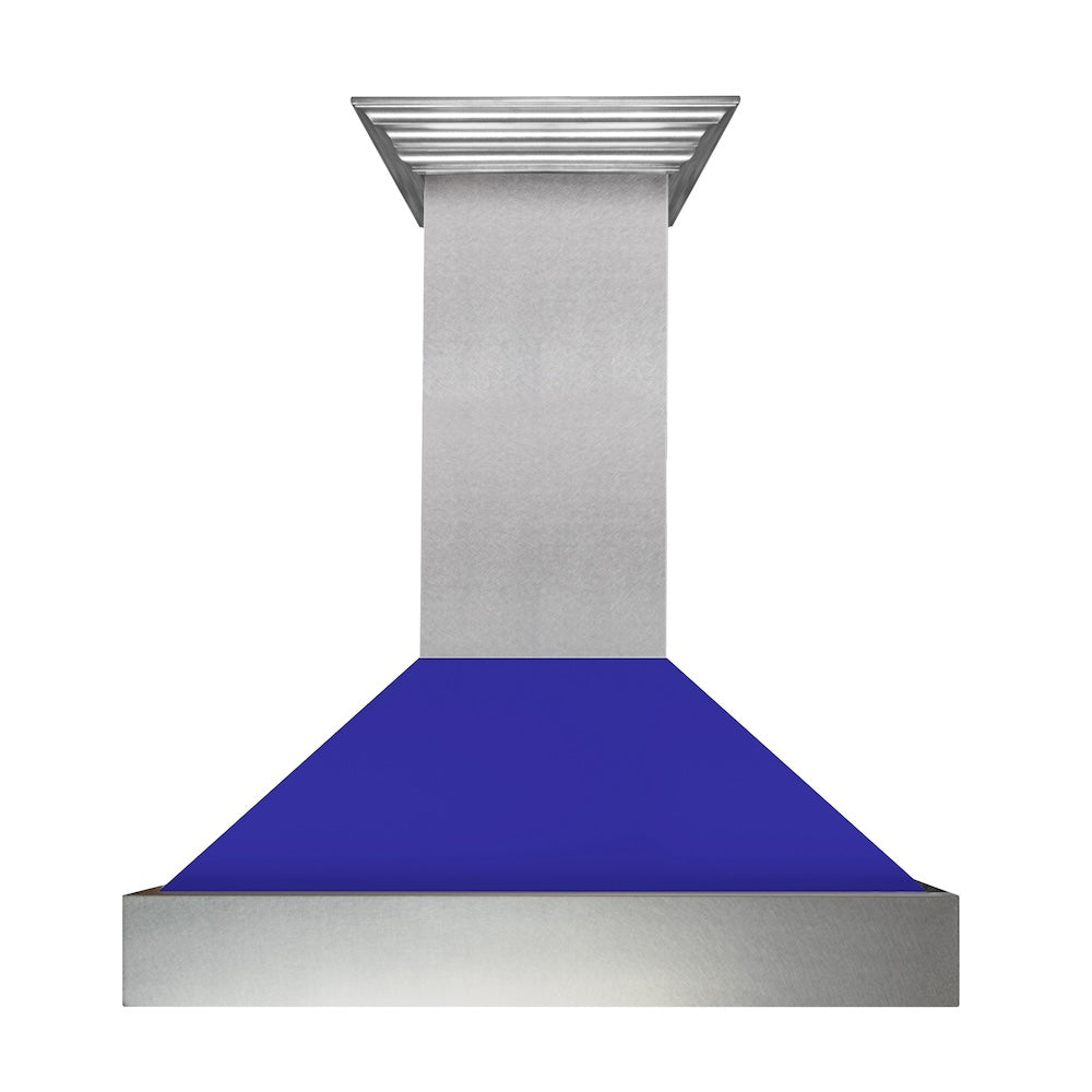 ZLINE Ducted Satin Stainless Steel Wall Mount Range Hood with Blue Matte Shell and Size Options (8654BM)