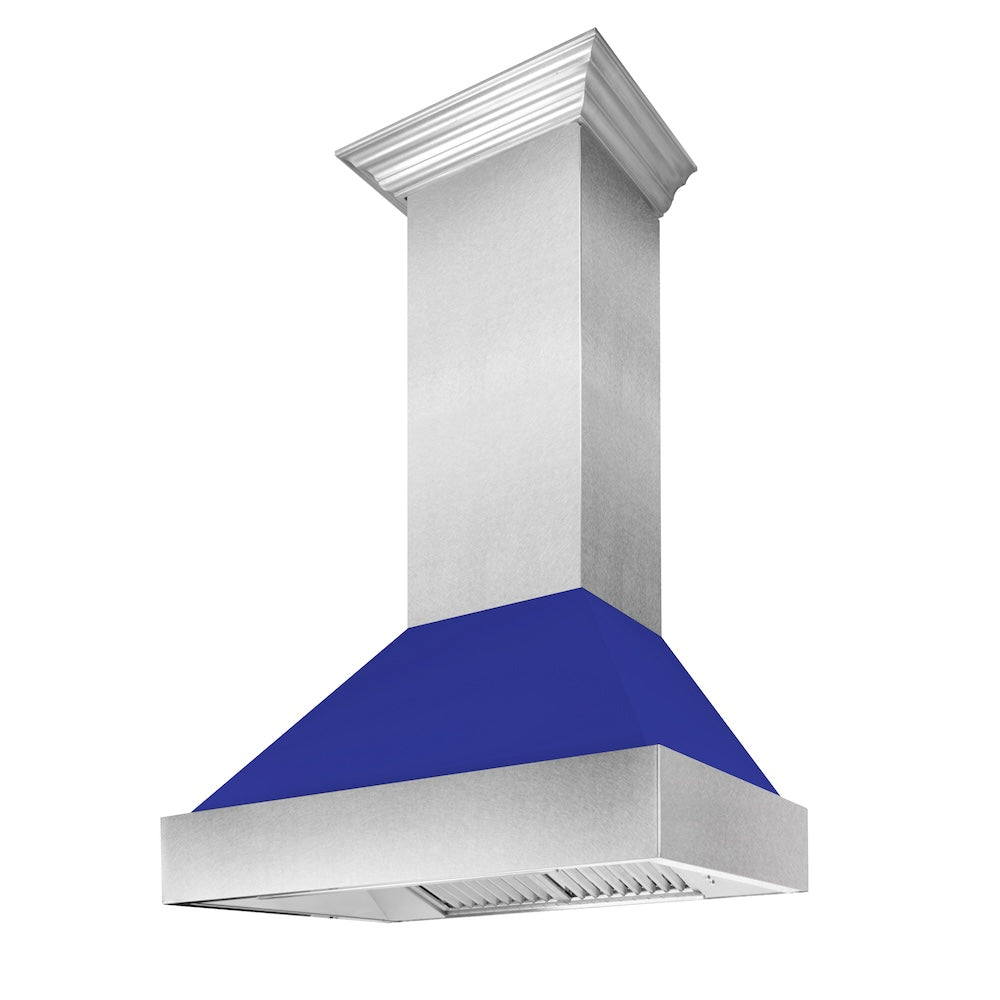 ZLINE Ducted Satin Stainless Steel Wall Mount Range Hood with Blue Matte Shell and Size Options (8654BM) main image.