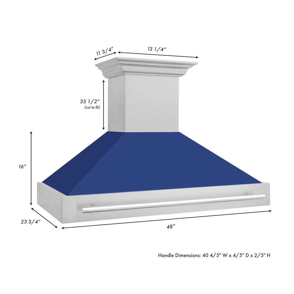 ZLINE 48 in. Satin Stainless Steel Wall Mount Range Hood with Colored Shell and Stainless Steel Handle (8654SNX-48) dimensional diagram.