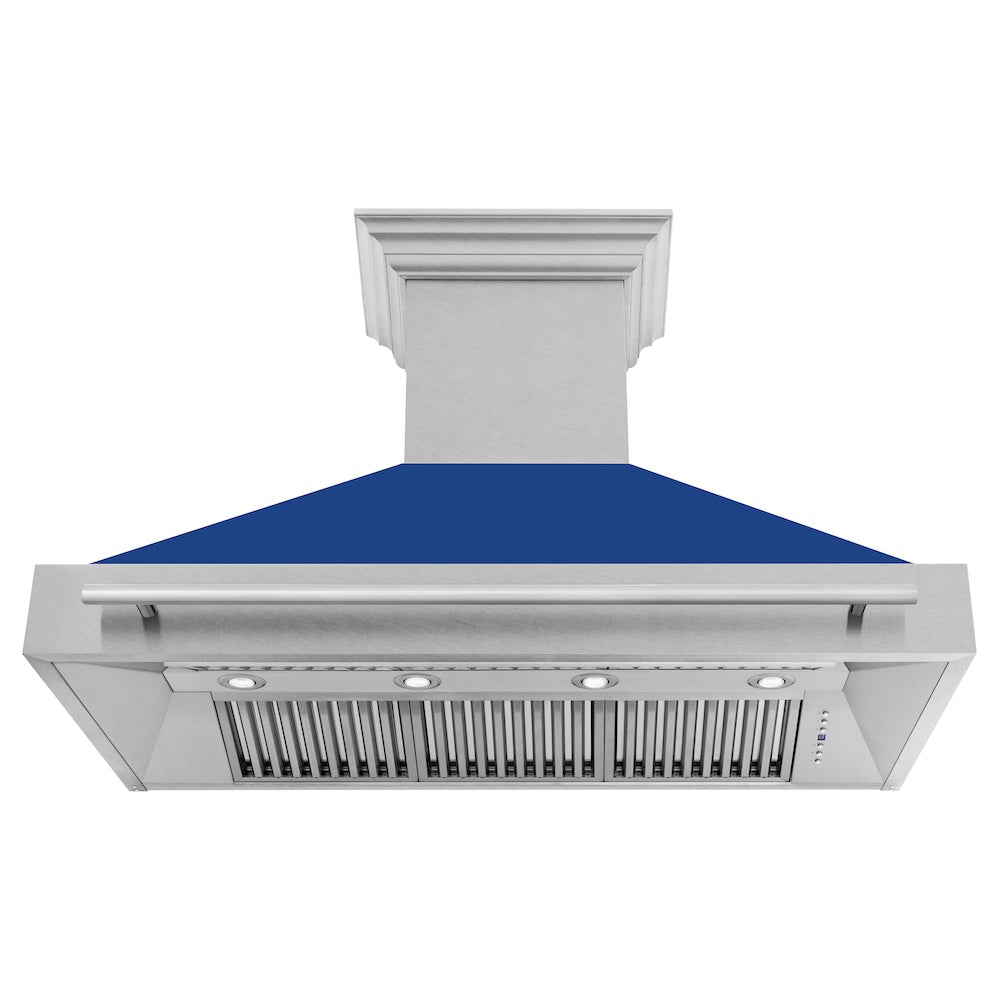 ZLINE 48 in. Satin Stainless Steel Wall Mount Range Hood with Colored Shell and Stainless Steel Handle (8654SNX-48) front, under.