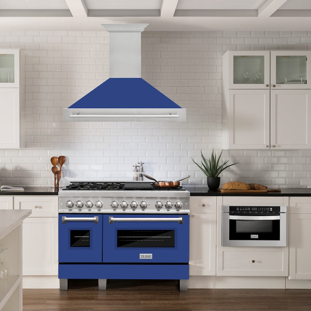 ZLINE 48 in. Satin Stainless Steel Wall Mount Range Hood with Colored Shell and Stainless Steel Handle (8654SNX-48)