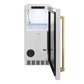 ZLINE Autograph Edition 15 in. Touchstone Clear Cube Ice Maker with Drain Pump and Satin Stainless Steel Door with Polished Gold Handle (ICCDZ-SN-15-G) front, open.