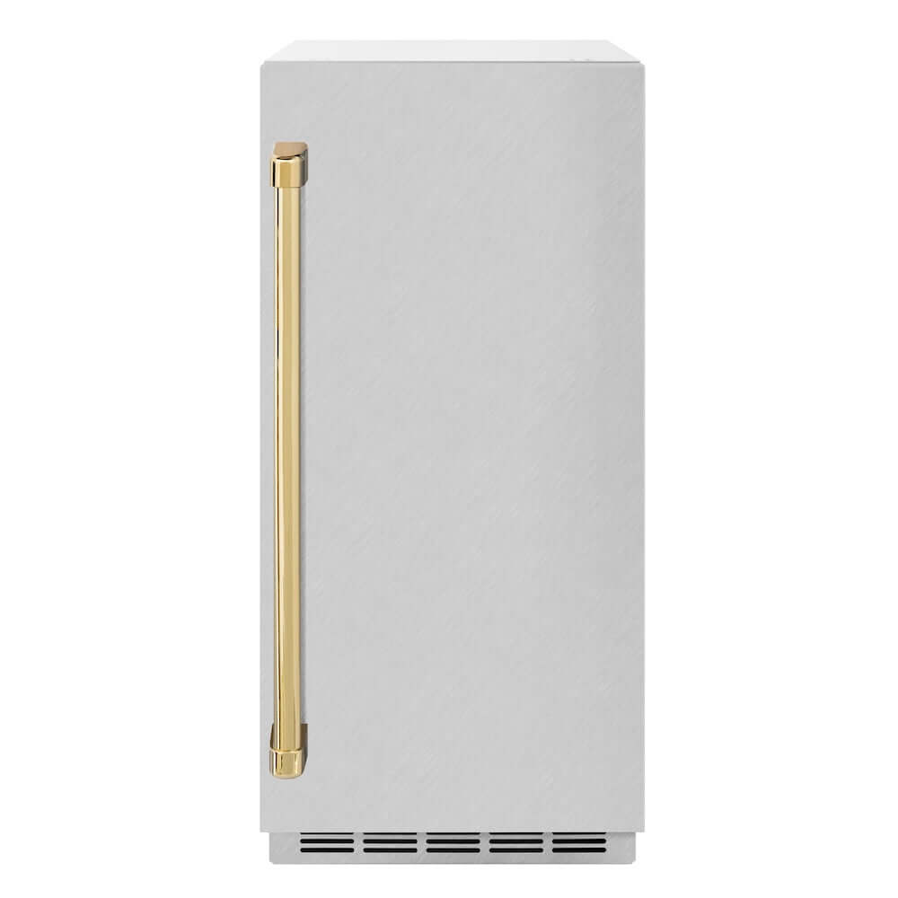 ZLINE Autograph Edition 15 in. Touchstone Clear Cube Ice Maker with Drain Pump and Satin Stainless Steel Door with Polished Gold Handle (ICCDZ-SN-15-G) front.