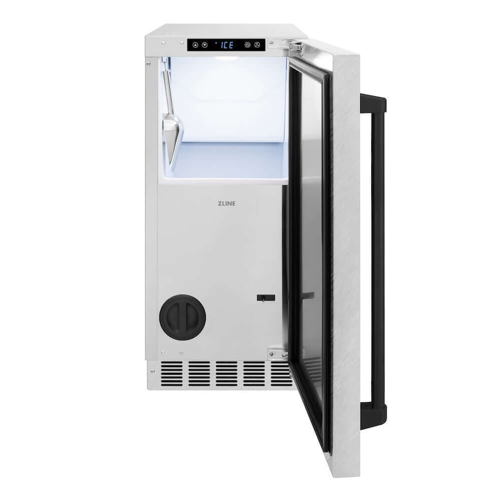 ZLINE Autograph Edition 15 in. Touchstone Clear Cube Ice Maker with Drain Pump and Satin Stainless Steel Door with Matte Black Handle (ICCDZ-SN-15-MB) front, open.