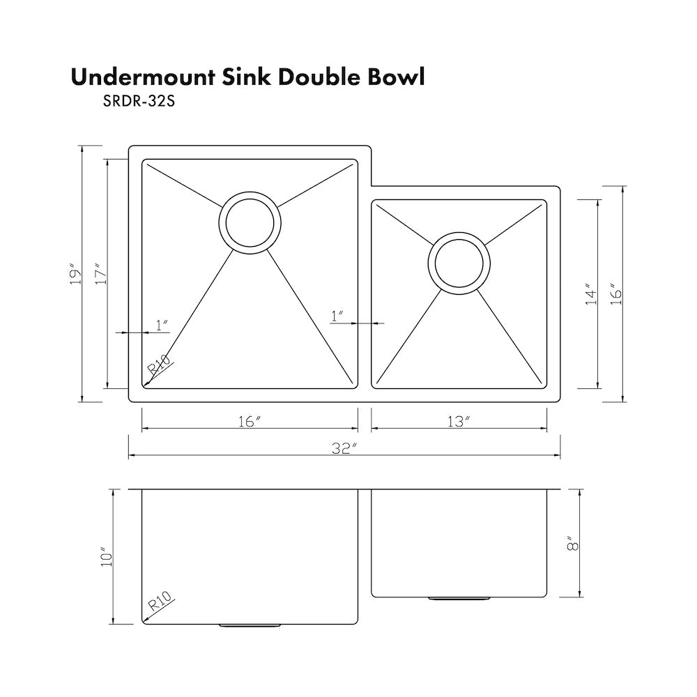 ZLINE 32 in. Jackson Undermount Double Bowl Kitchen Sink with Bottom Grid and Color Options (SRDR-32) dimensional diagram.
