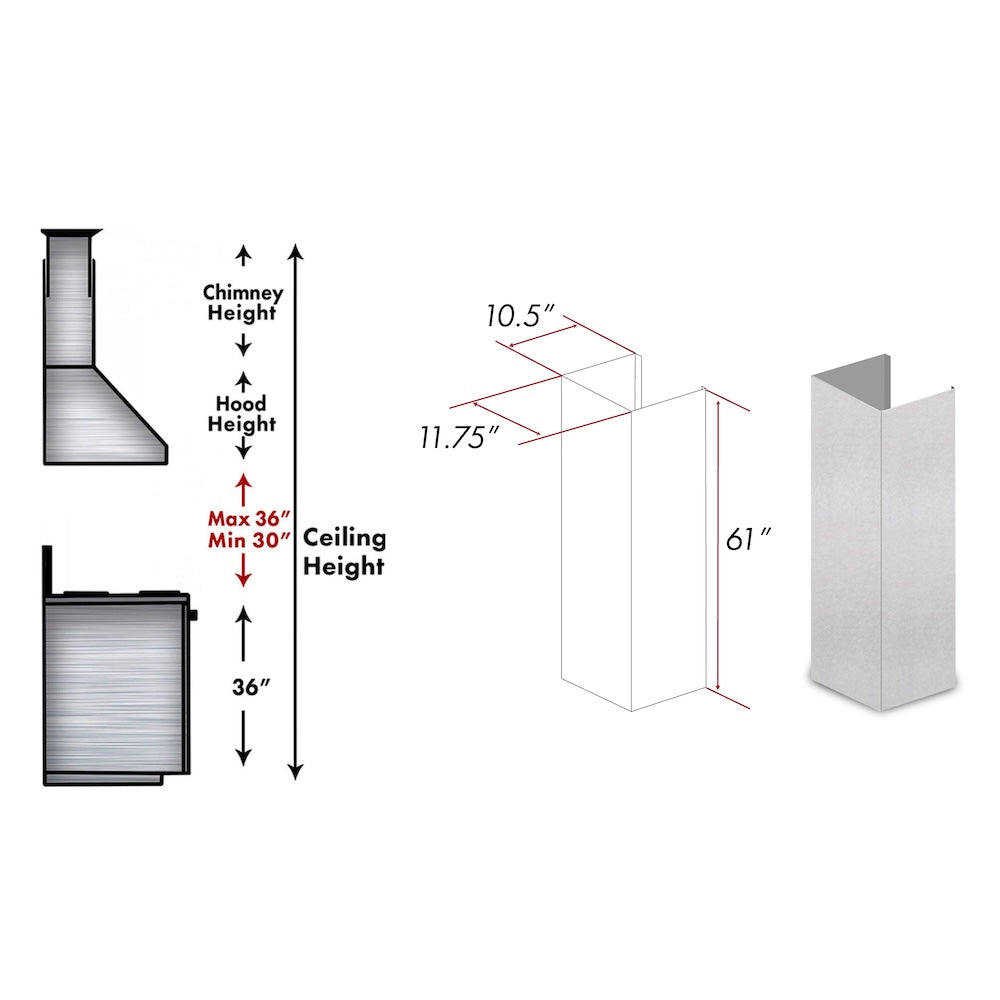 ZLINE 61 in. Satin Stainless Steel Chimney Extension for Ceilings up to 12.5 ft. (8KN4S-E) dimensional diagram.