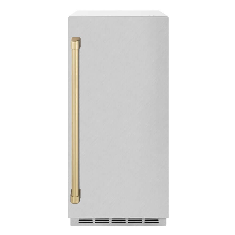 ZLINE Autograph Edition 15 in. Touchstone Gourmet Ice Maker with Drain Pump and Satin Stainless Steel Door with Champagne Bronze Handle (IGMDZ-SN-15-CB) front.