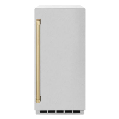 ZLINE Autograph Edition 15 in. Touchstone Gourmet Ice Maker with Drain Pump and Satin Stainless Steel Door with Champagne Bronze Handle (IGMDZ-SN-15-CB) front.