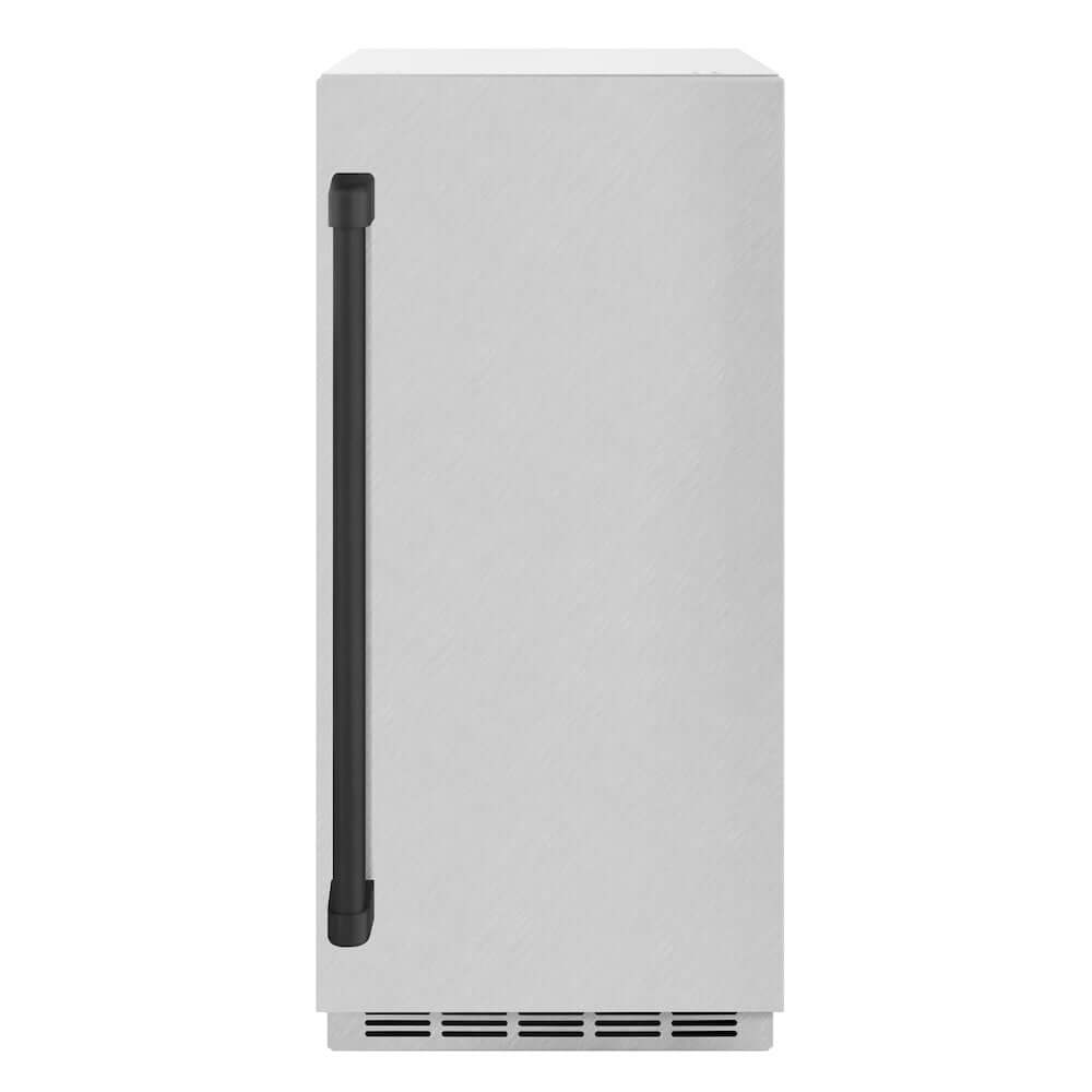 ZLINE Autograph Edition 15 in. Touchstone Gourmet Ice Maker with Drain Pump and Satin Stainless Steel Door with Matte Black Handle (IGMDZ-SN-15-MB) front.