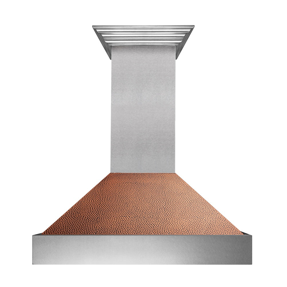 ZLINE Ducted Satin Stainless Steel Wall Mount Range Hood with Hand-Hammered Copper Shell and Size Options (8654HH)