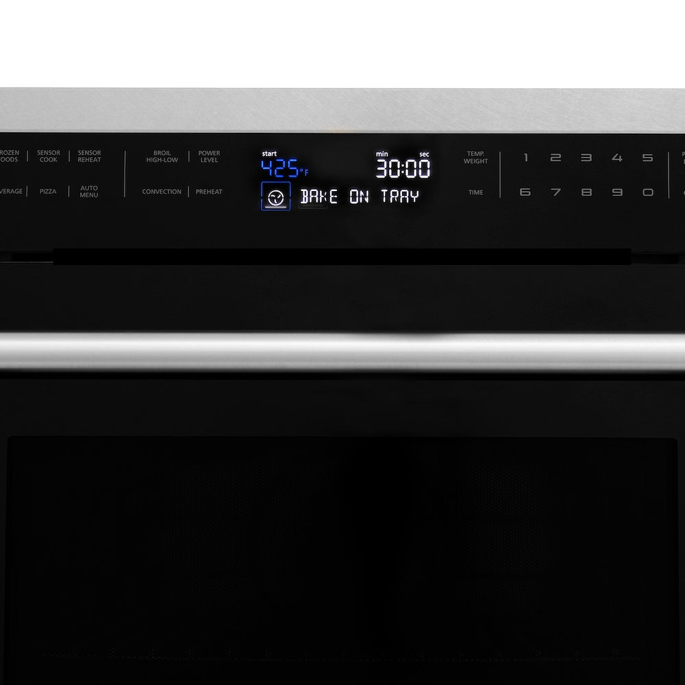 ZLINE 24 in. 1.6 cu ft. Built-in Convection Microwave Oven in Satin Stainless Steel with Speed and Sensor Cooking (MWO-24-SS) control panel with digital display and buttons