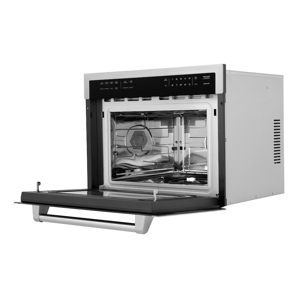 ZLINE 24 in. 1.6 cu ft. Built-in Convection Microwave Oven in Satin Stainless Steel with Speed and Sensor Cooking (MWO-24-SS) side, open.