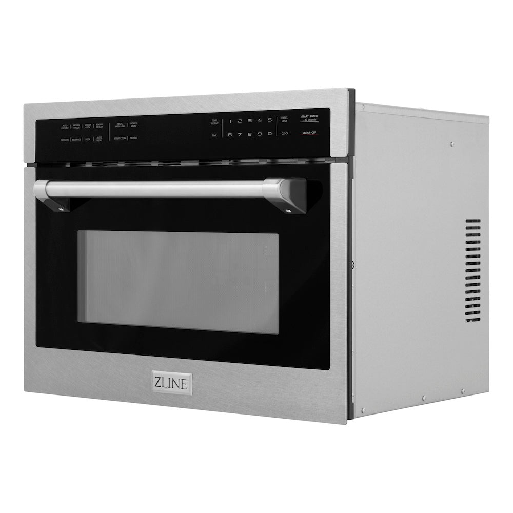 ZLINE 24 in. 1.6 cu ft. Built-in Convection Microwave Oven in Satin Stainless Steel with Speed and Sensor Cooking (MWO-24-SS) side, closed.
