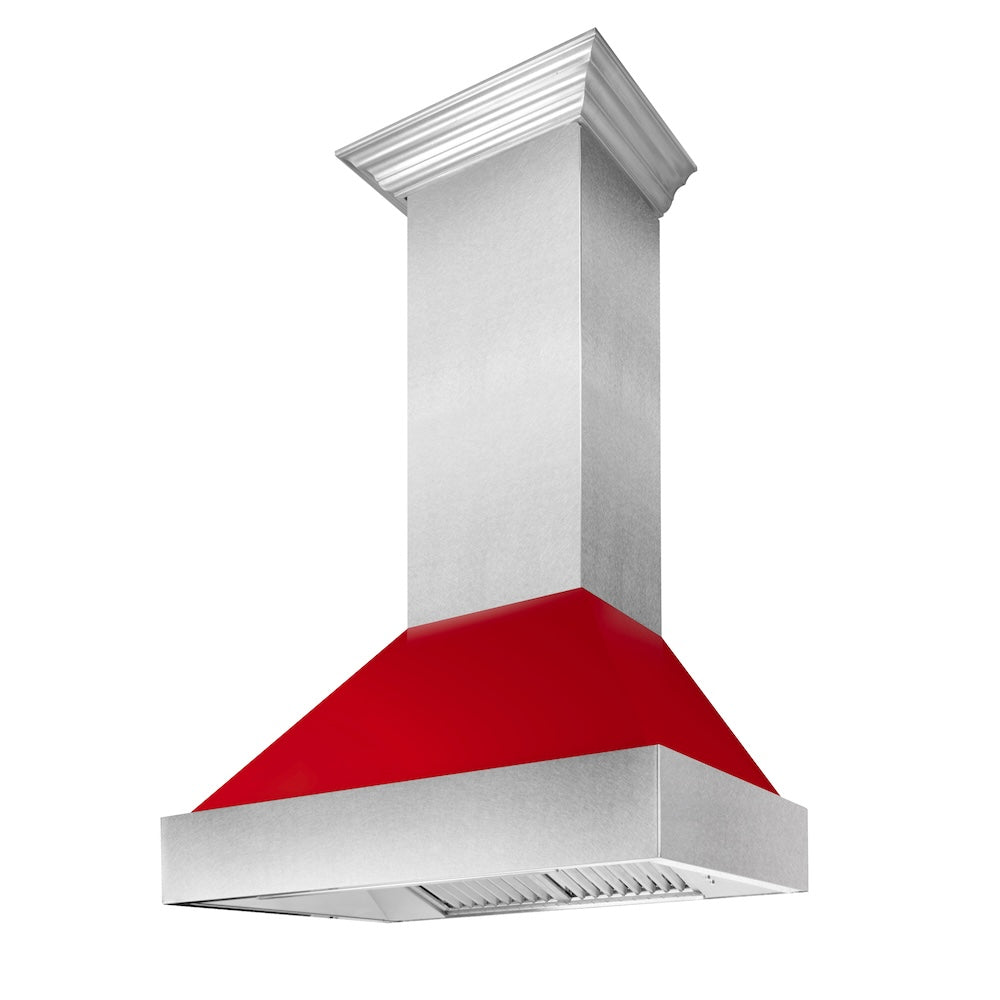 ZLINE Ducted Satin Stainless Steel Wall Mount Range Hood with Red Gloss Shell and Size Options (8654RG)