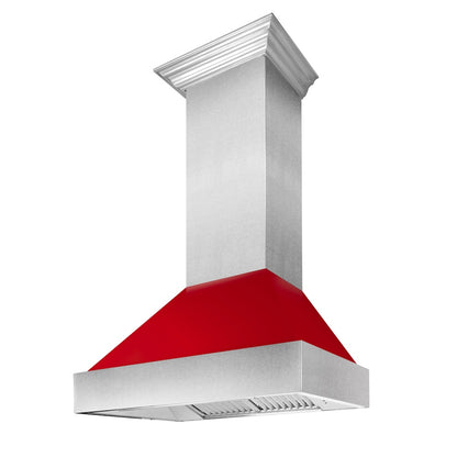 ZLINE Ducted Satin Stainless Steel Wall Mount Range Hood with Red Gloss Shell and Size Options (8654RG)