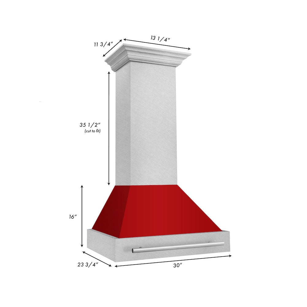 ZLINE 30 in. Satin Stainless Steel Wall Mount Range Hood with Colored Shell and Stainless Steel Handle (8654SNX-30) dimensional diagram.
