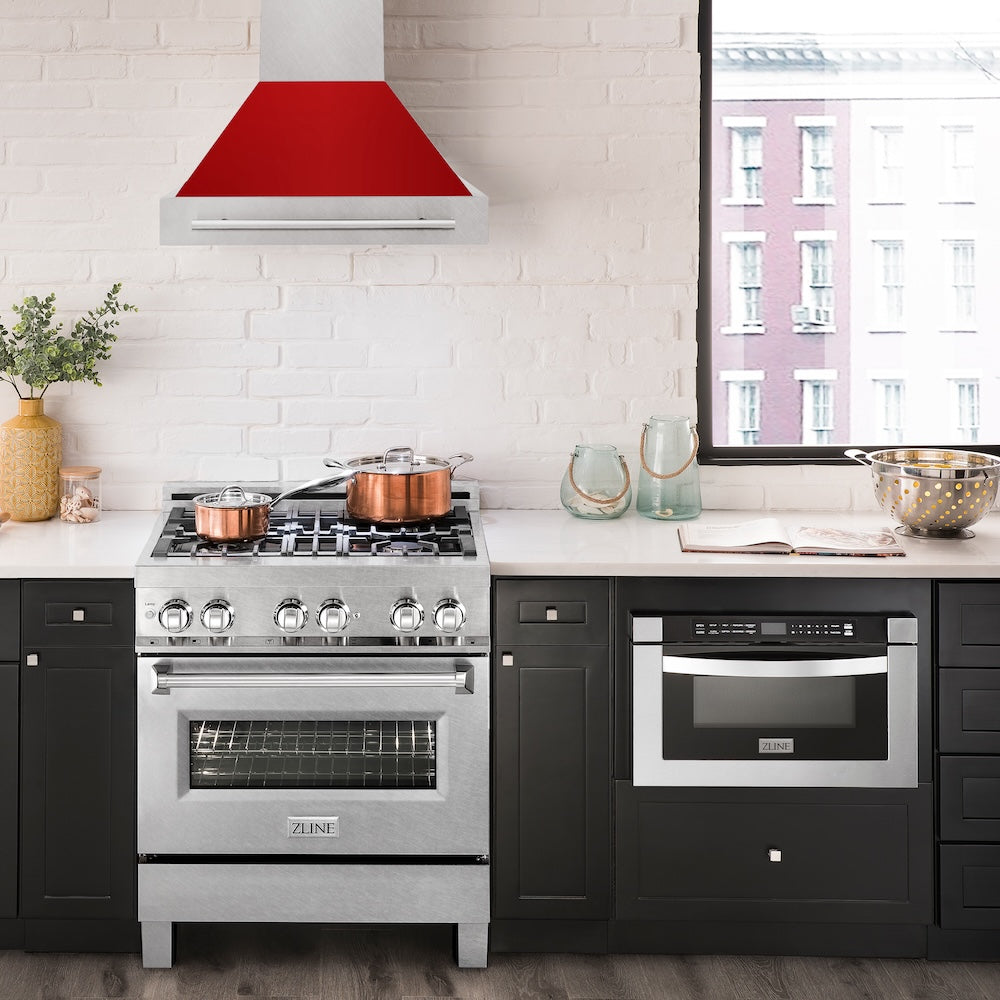 ZLINE 30 in. Satin Stainless Steel Wall Mount Range Hood with Colored Shell and Stainless Steel Handle (8654SNX-30)