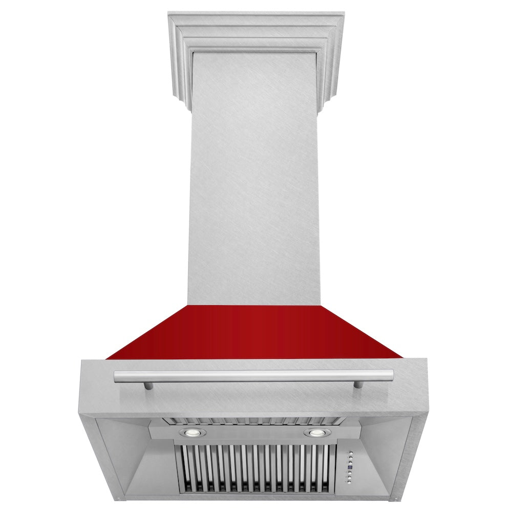 ZLINE 30 in. Satin Stainless Steel Wall Mount Range Hood with Colored Shell and Stainless Steel Handle (8654SNX-30) front, under.