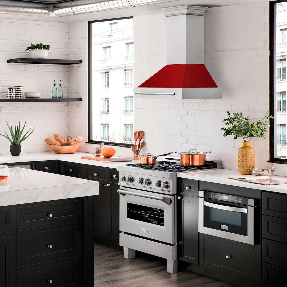 ZLINE 30 in. Satin Stainless Steel Wall Mount Range Hood with Colored Shell and Stainless Steel Handle (8654SNX-30)