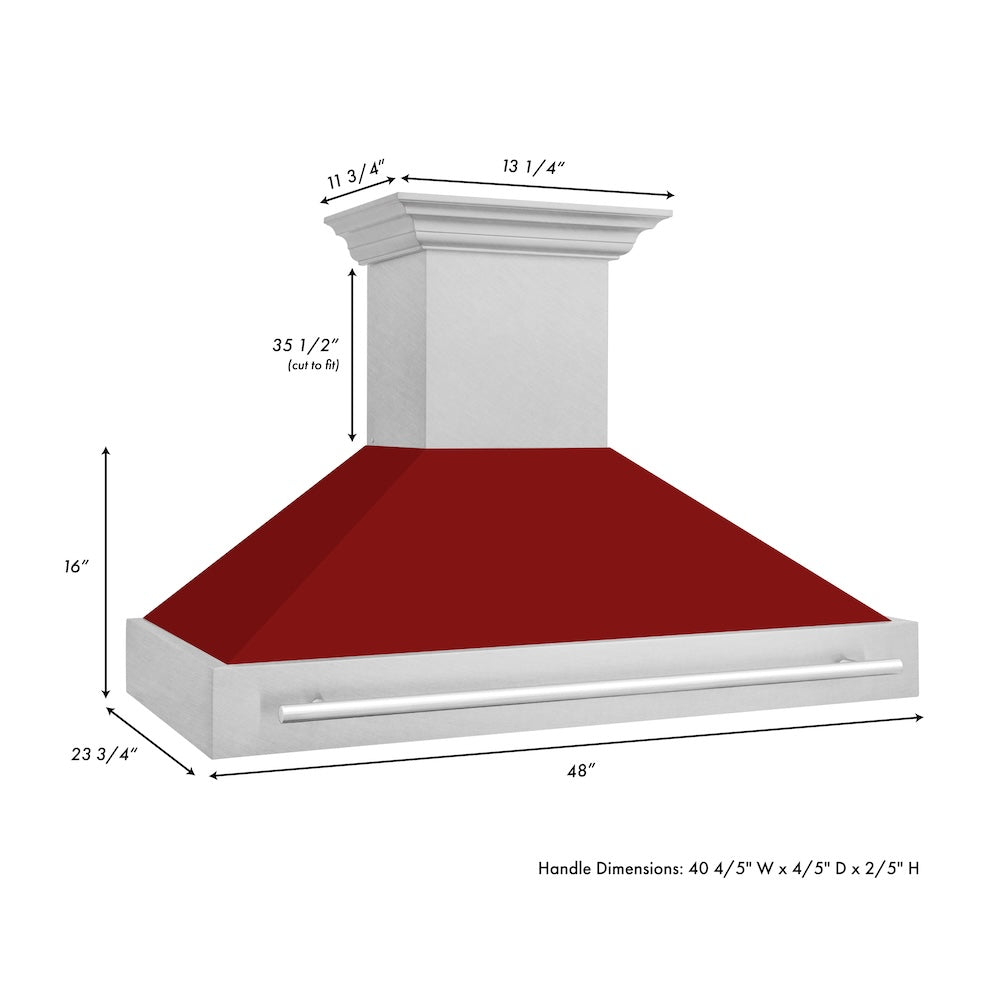 ZLINE 48 in. Satin Stainless Steel Wall Mount Range Hood with Colored Shell and Stainless Steel Handle (8654SNX-48) dimensional diagram.