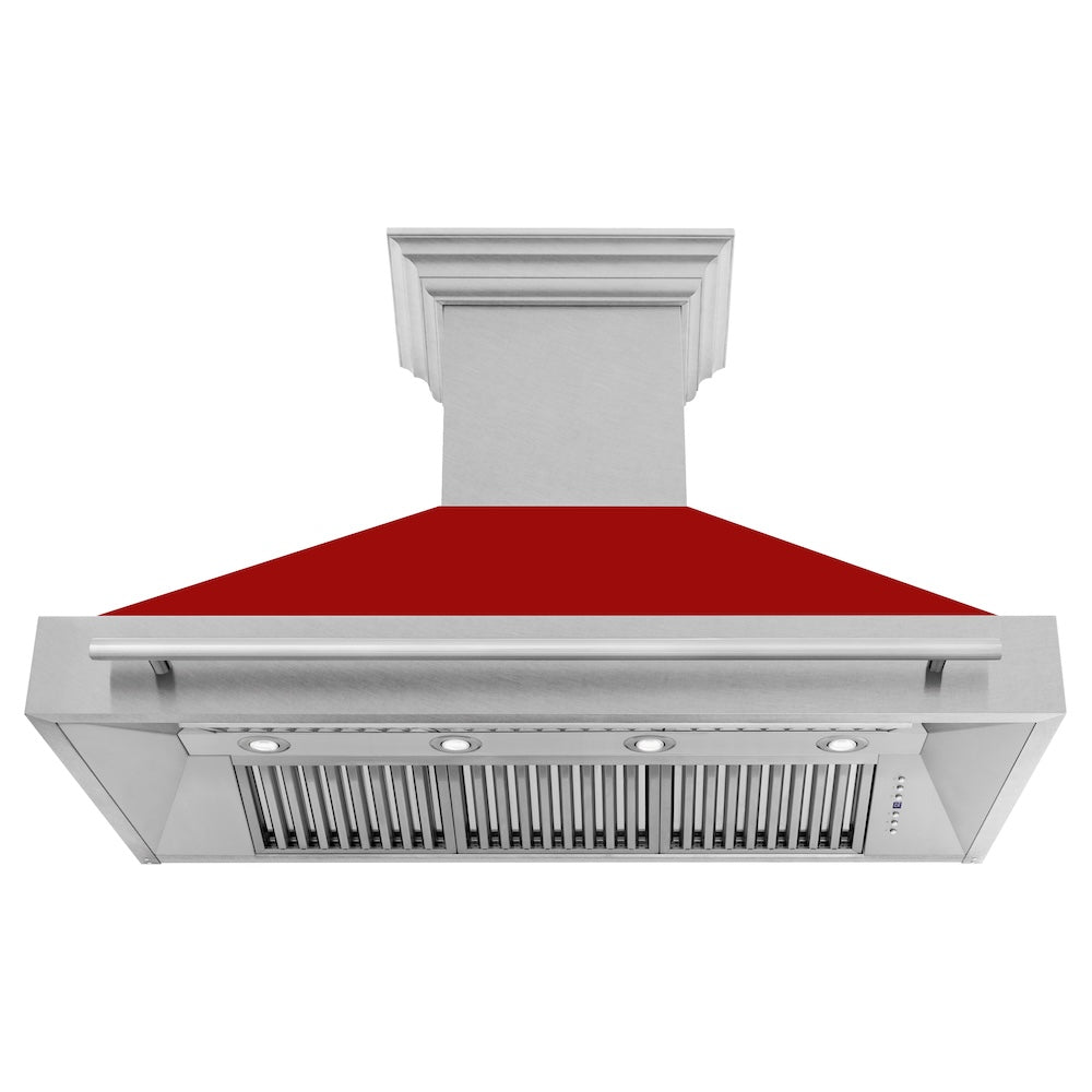 ZLINE 48 in. Satin Stainless Steel Wall Mount Range Hood with Colored Shell and Stainless Steel Handle (8654SNX-48) front, under.