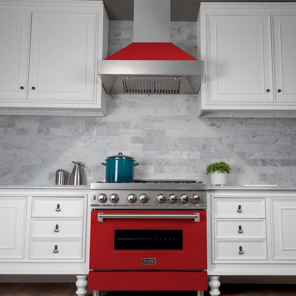 ZLINE Ducted Satin Stainless Steel Wall Mount Range Hood with Red Matte Shell and Size Options (8654RM) front, under.