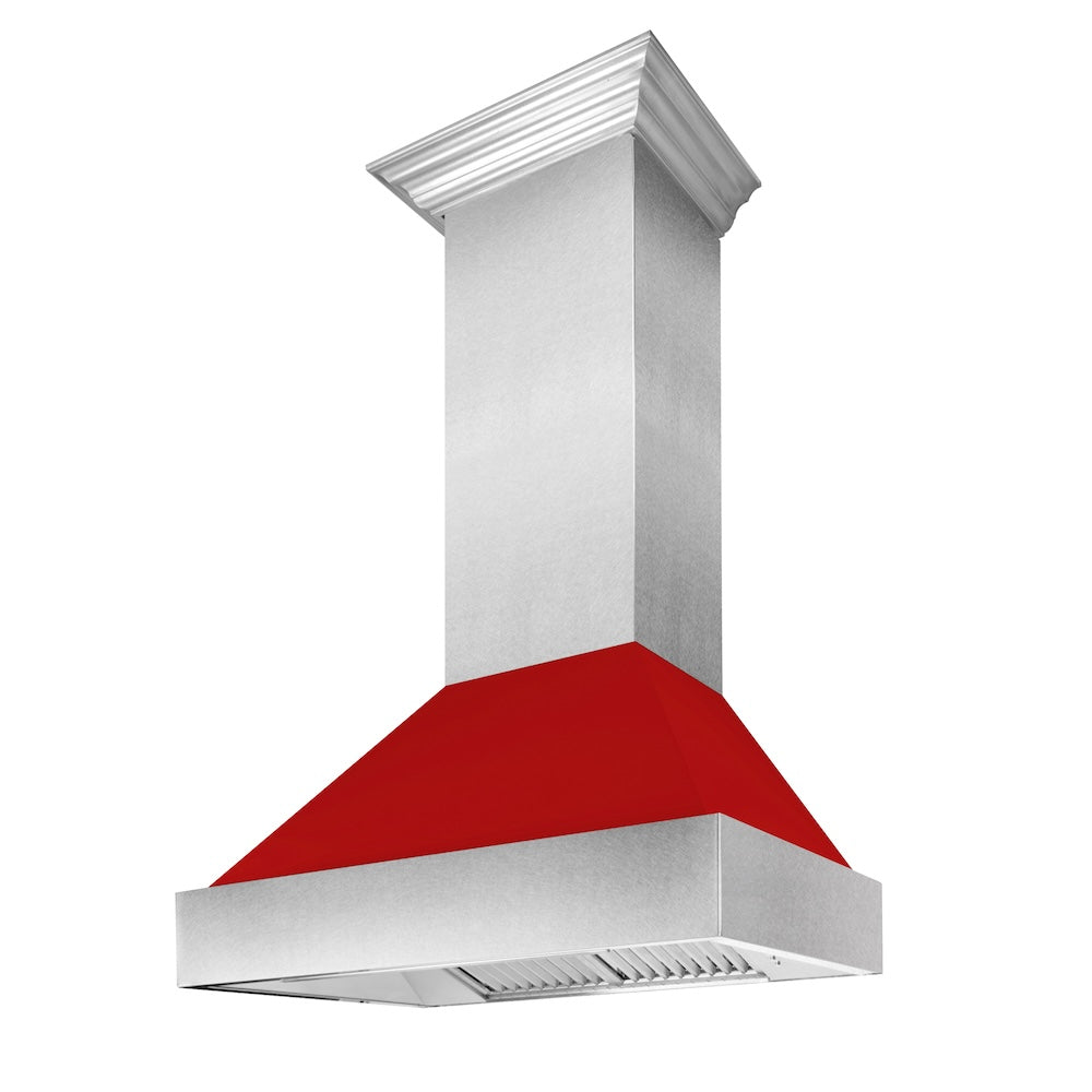 ZLINE Ducted Satin Stainless Steel Wall Mount Range Hood with Red Matte Shell and Size Options (8654RM) main image.