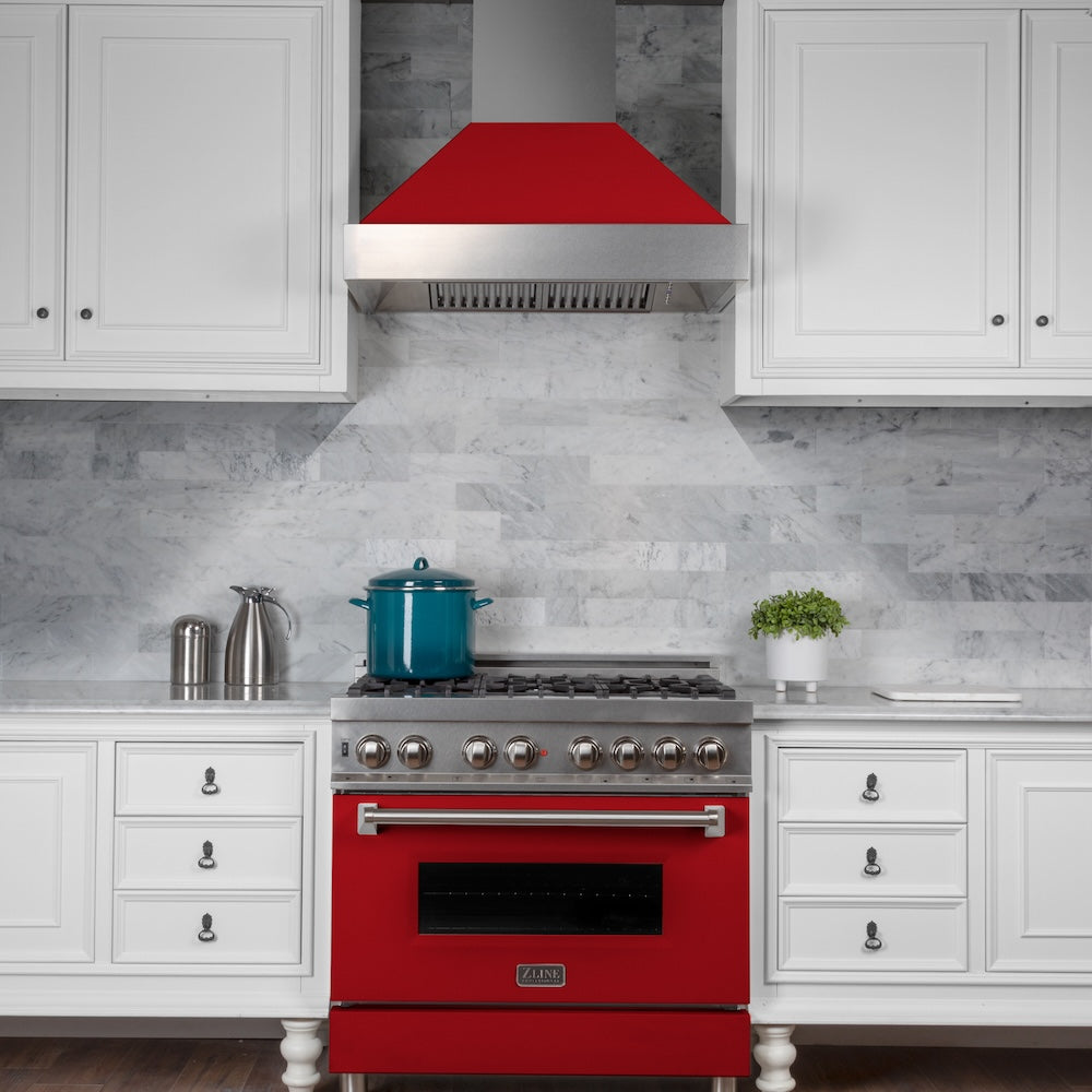 ZLINE Ducted Satin Stainless Steel Wall Mount Range Hood with Red Matte Shell and Size Options (8654RM)