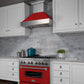 ZLINE Ducted Satin Stainless Steel Wall Mount Range Hood with Red Matte Shell and Size Options (8654RM) side, under.