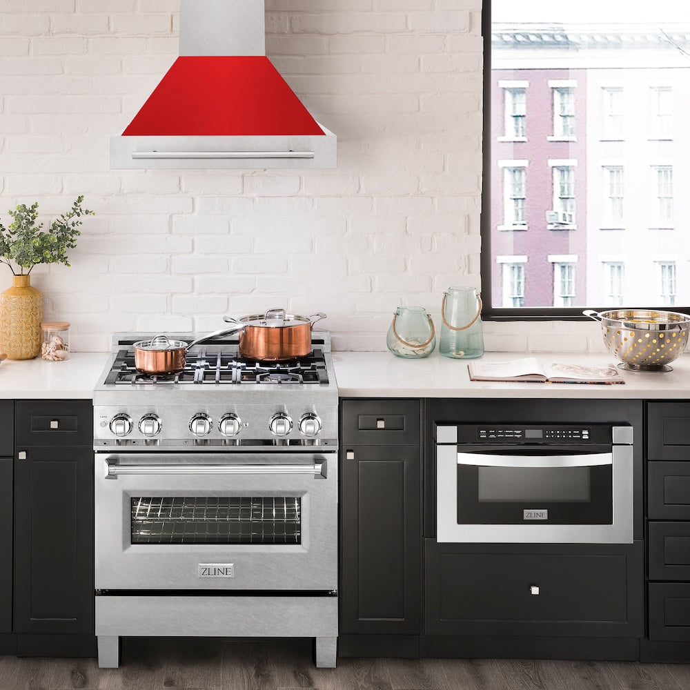 ZLINE 30 in. Satin Stainless Steel Wall Mount Range Hood with Colored Shell and Stainless Steel Handle (8654SNX-30)