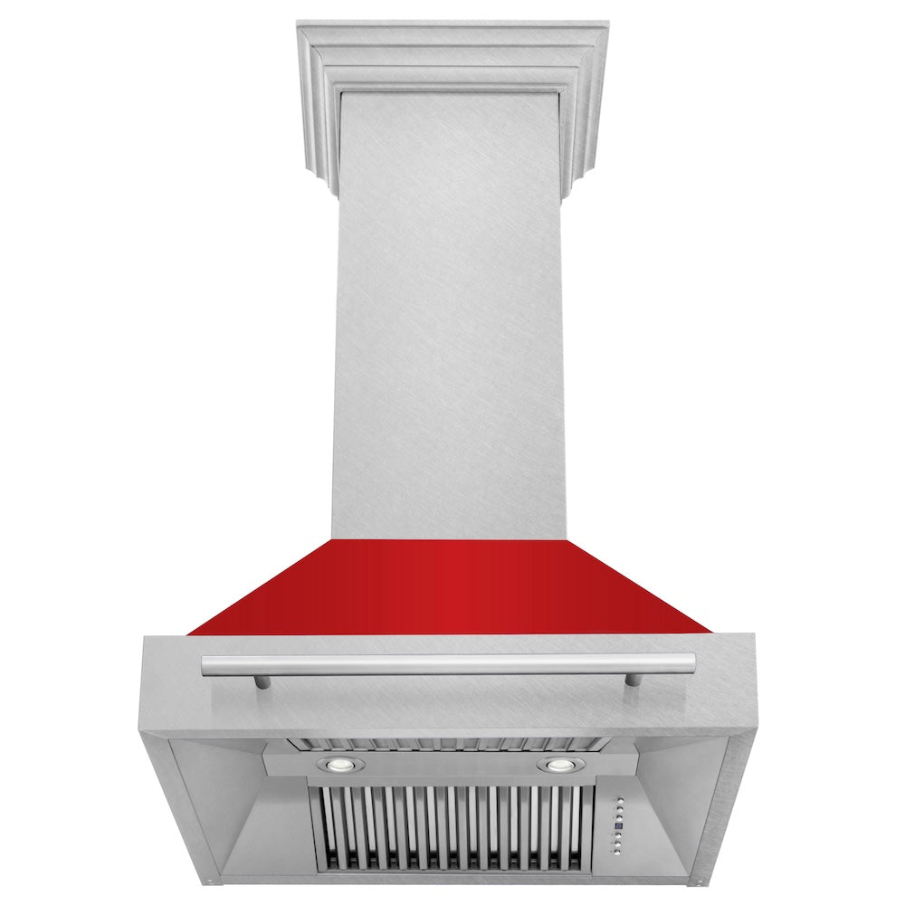 ZLINE 30 in. Satin Stainless Steel Wall Mount Range Hood with Colored Shell and Stainless Steel Handle (8654SNX-30) front, under.