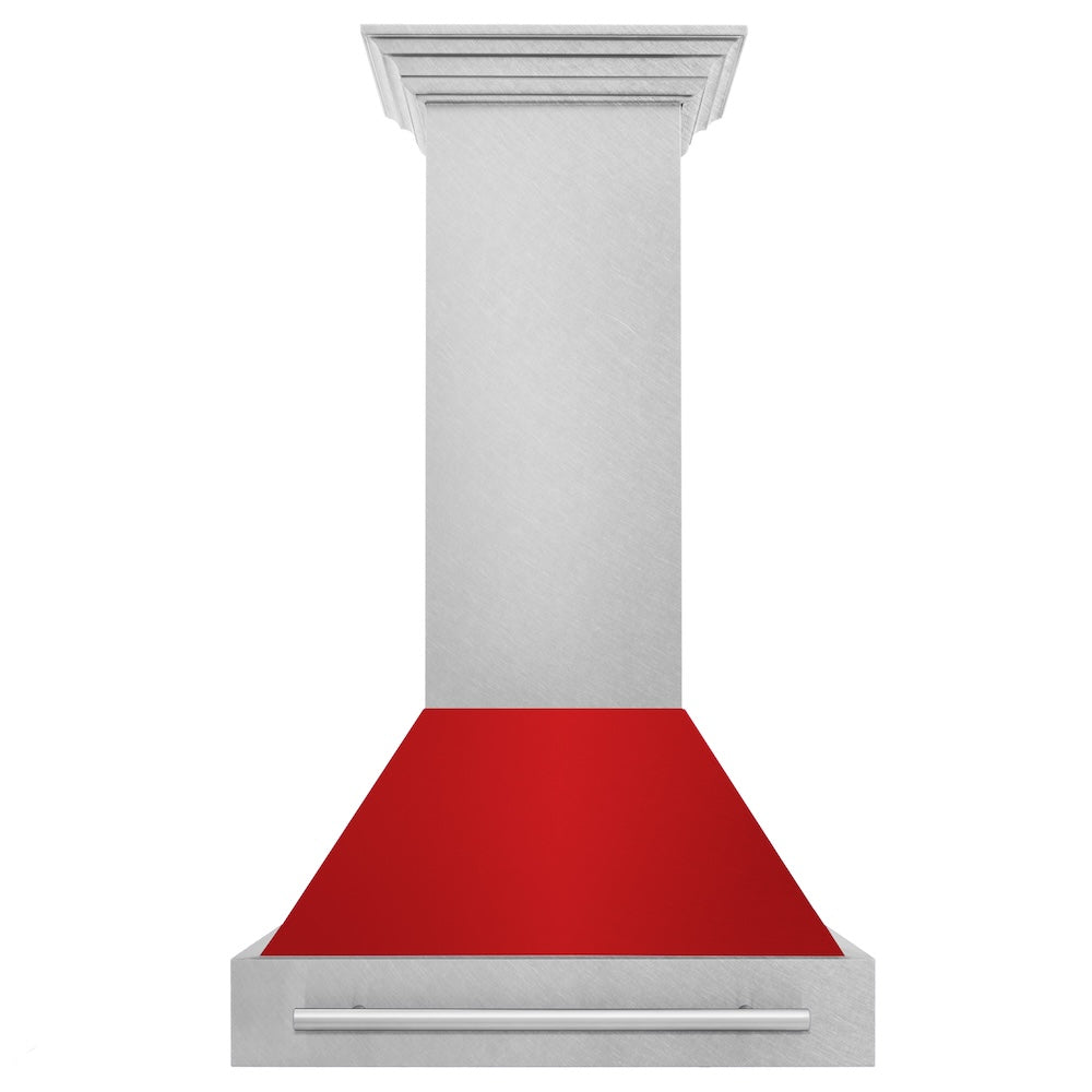 ZLINE 30 in. Satin Stainless Steel Wall Mount Range Hood with Colored Shell and Stainless Steel Handle (8654SNX-30)