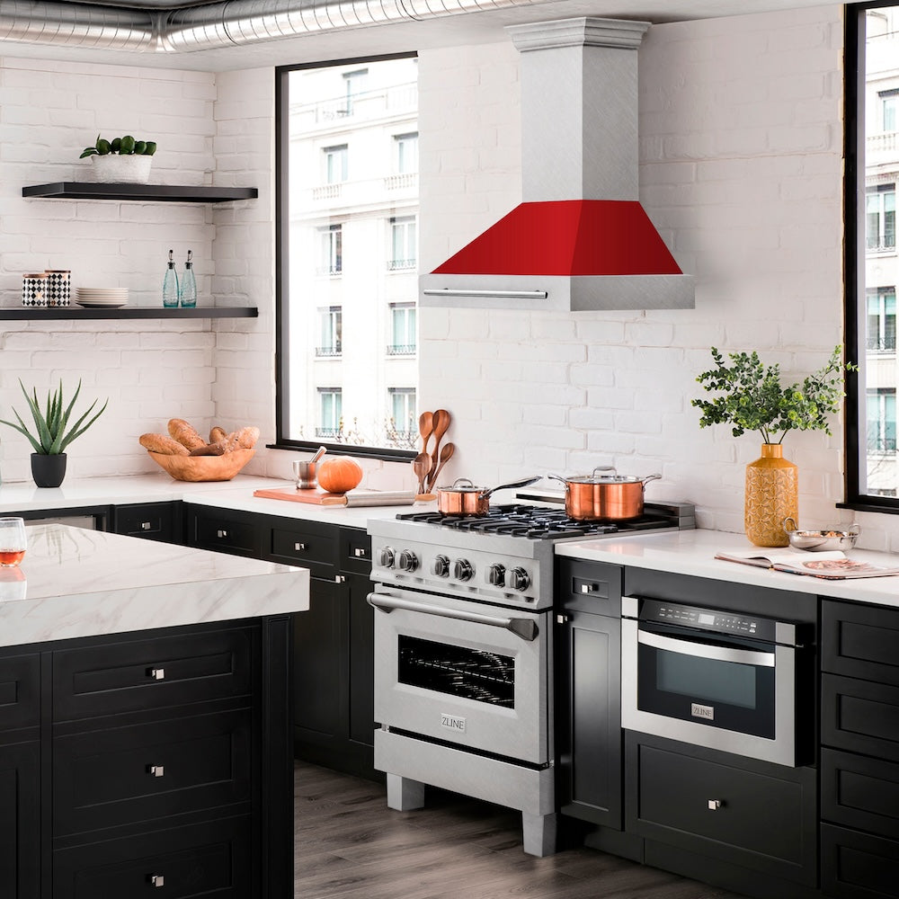 ZLINE 30 in. Satin Stainless Steel Wall Mount Range Hood with Colored Shell and Stainless Steel Handle (8654SNX-30)