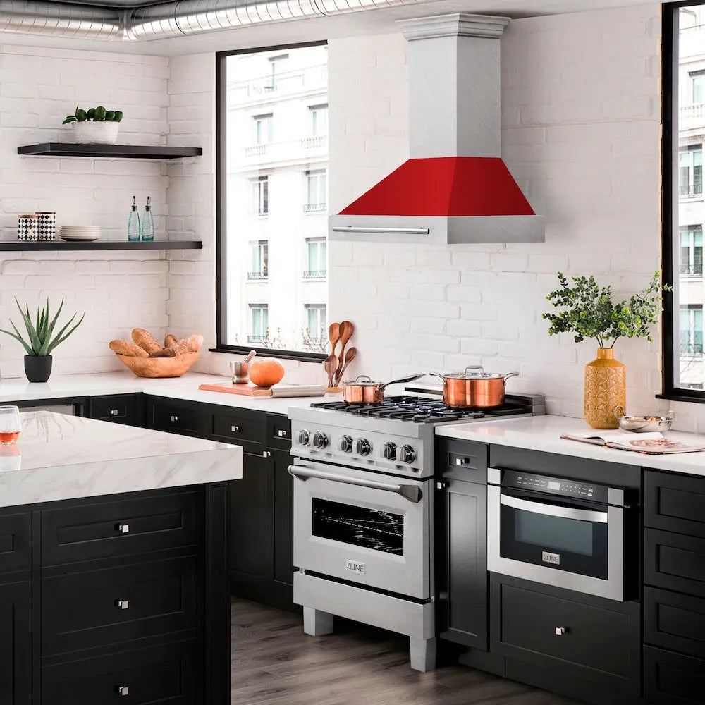ZLINE 30 in. Satin Stainless Steel Wall Mount Range Hood with Colored Shell and Stainless Steel Handle (8654SNX-30)