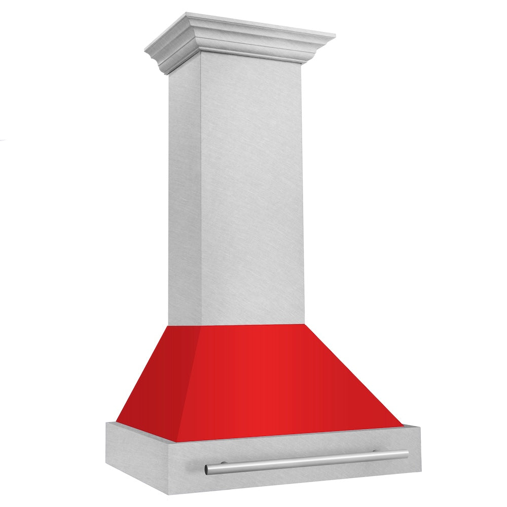 ZLINE 30 in. Satin Stainless Steel Wall Mount Range Hood with Colored Shell and Stainless Steel Handle (8654SNX-30)