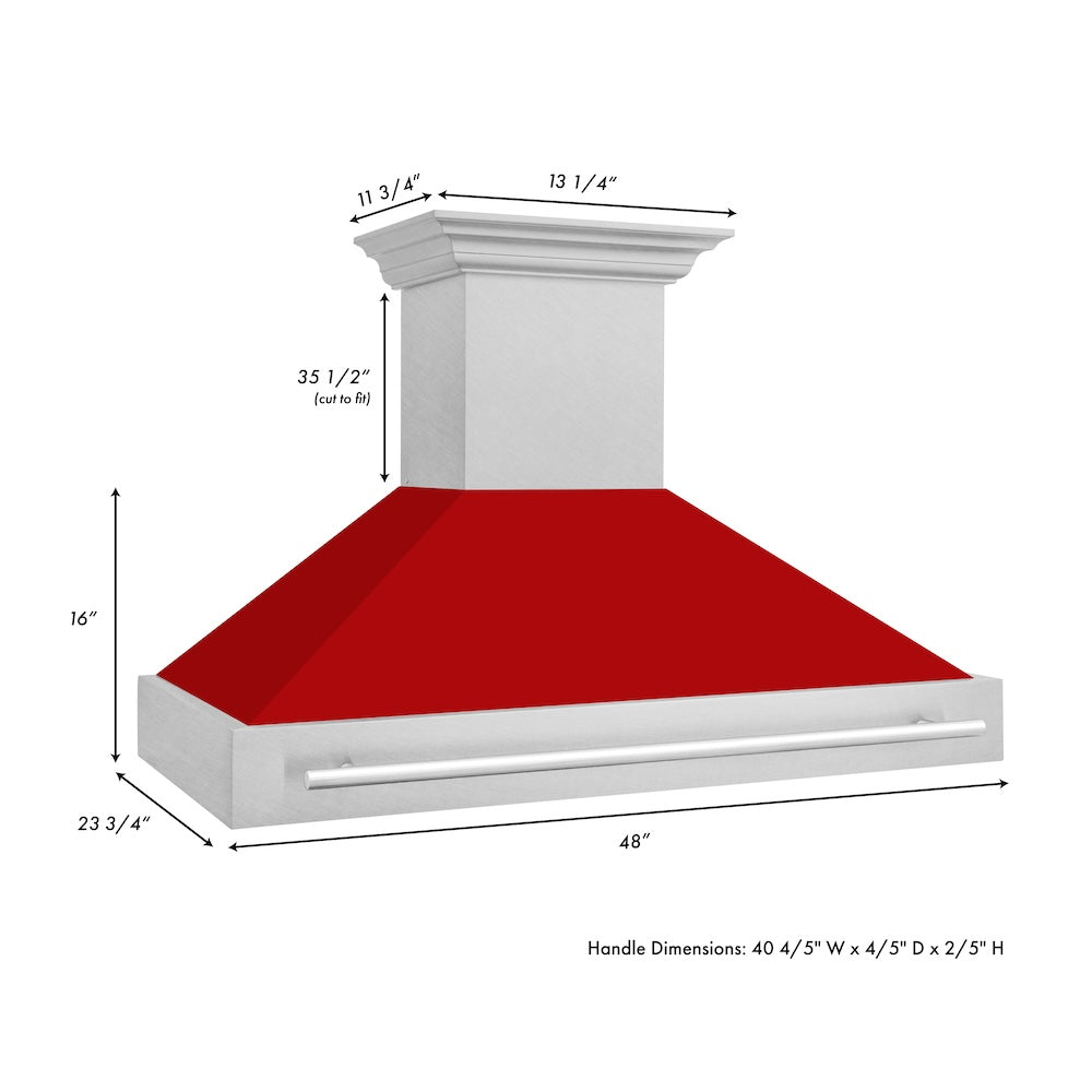 ZLINE 48 in. Satin Stainless Steel Wall Mount Range Hood with Colored Shell and Stainless Steel Handle (8654SNX-48) dimensional diagram.