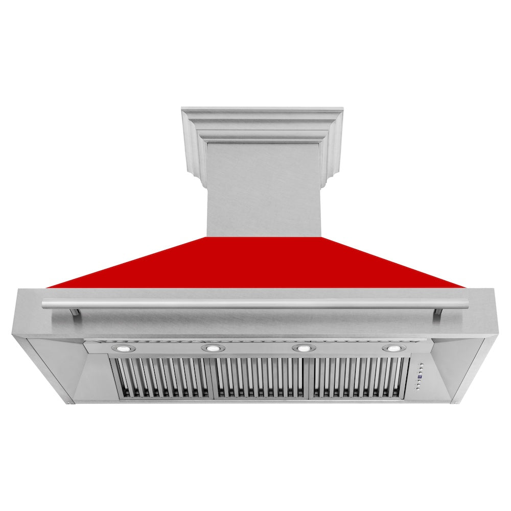 ZLINE 48 in. Satin Stainless Steel Wall Mount Range Hood with Colored Shell and Stainless Steel Handle (8654SNX-48) front, under.
